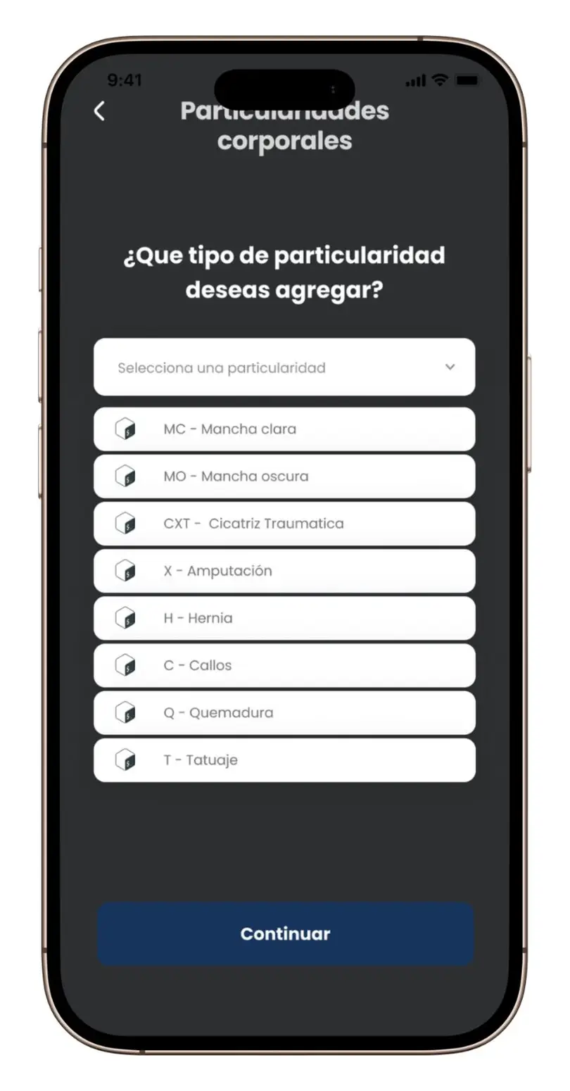 Pantalla de selección de particularidades corporales